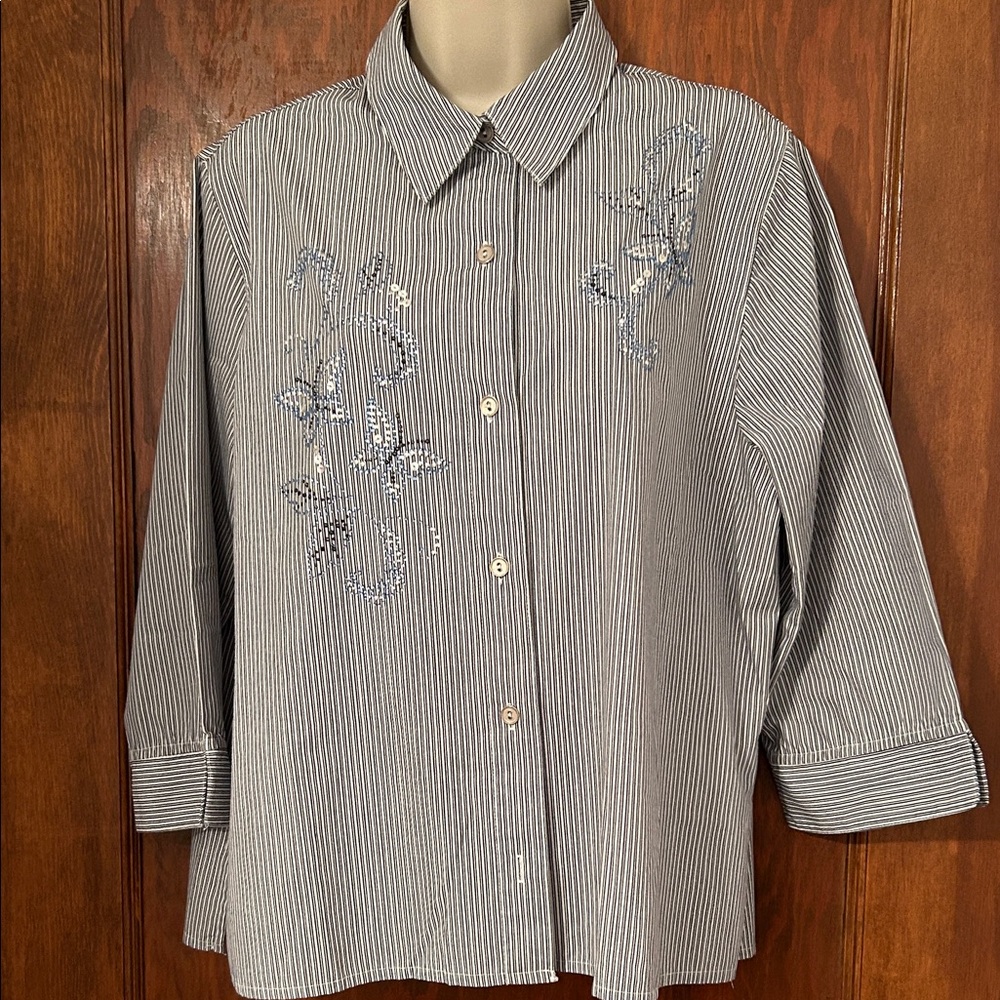 Alfred Dunner  Blue and White Striped Button Down Shirt